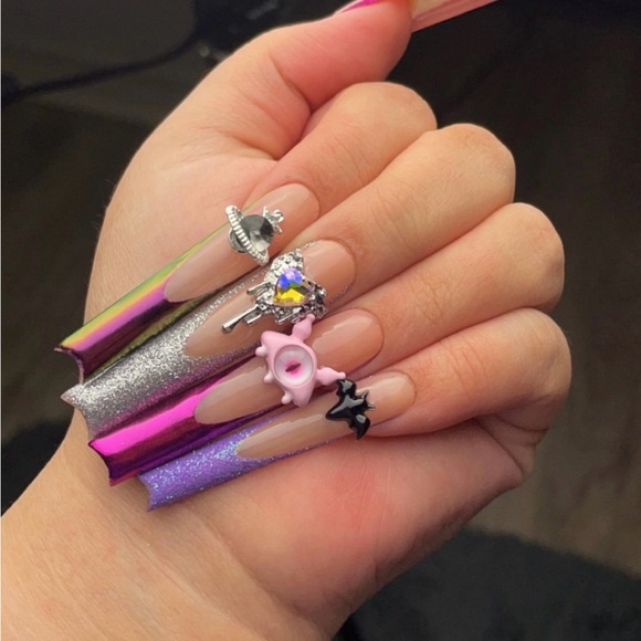3XL square press on nails French tip pink purple chrome glitter nail charms gel